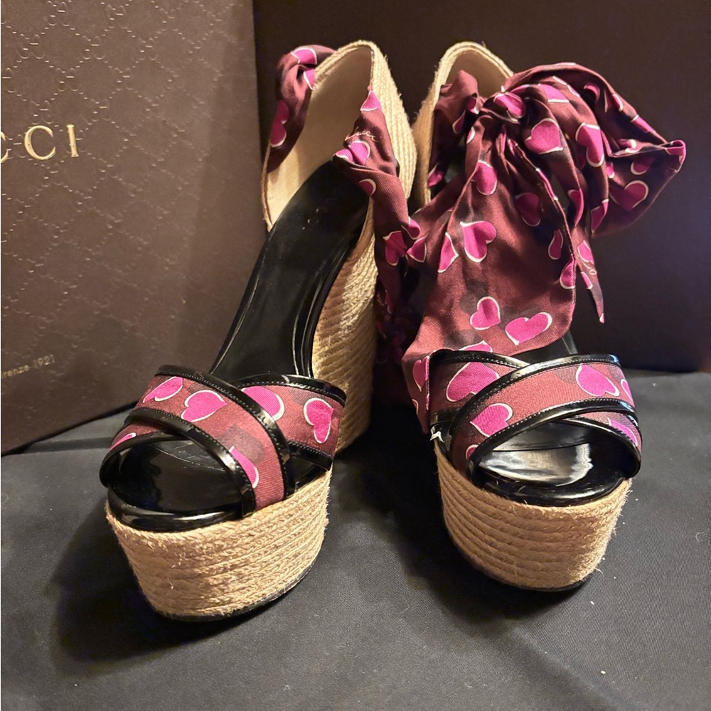 Gucci silk ankle tie wedges
